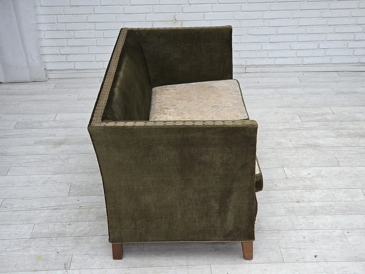 Danish 2-seater sofa, green velour, oak wood, 1970s 11