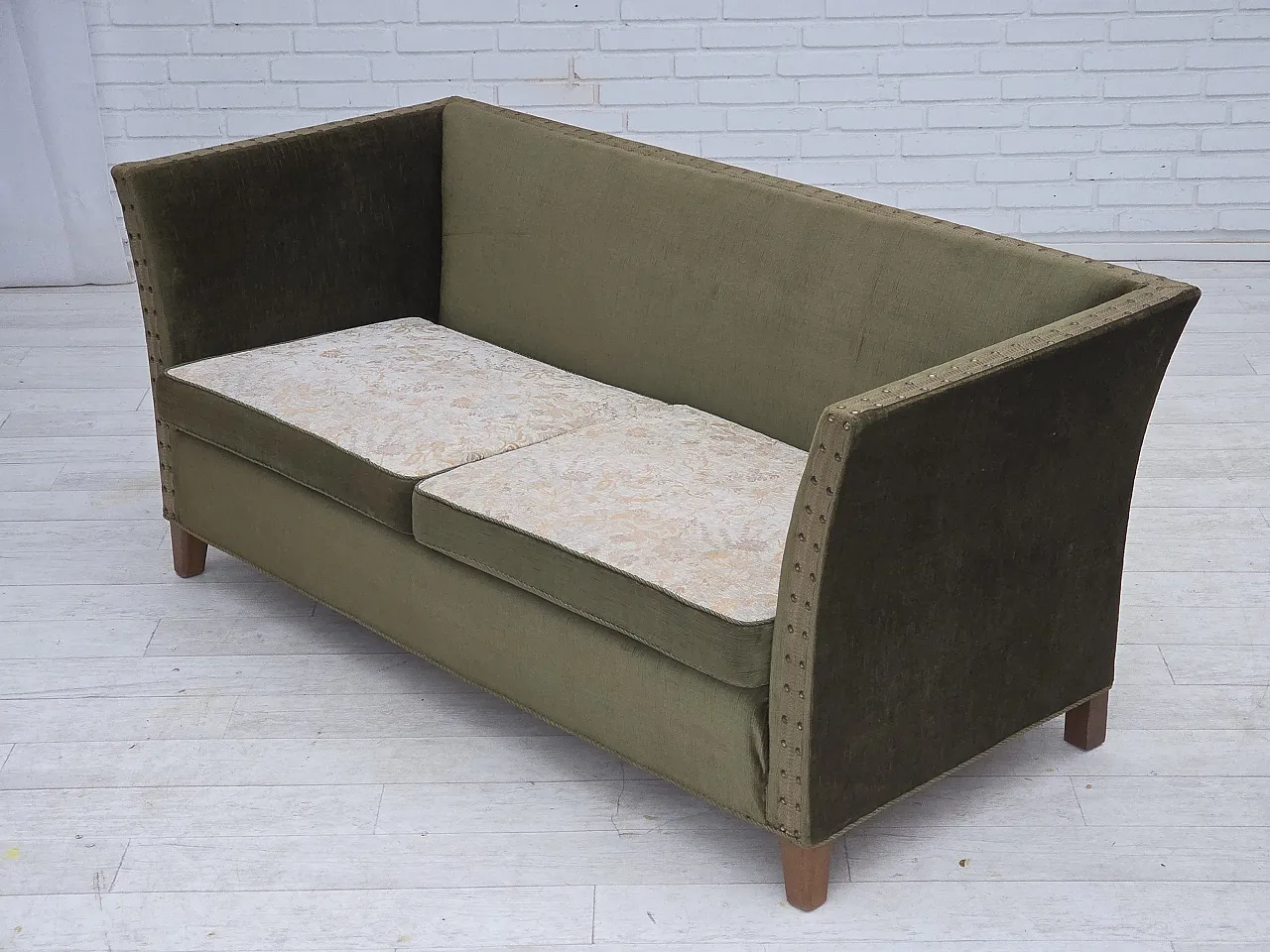 Danish 2-seater sofa, green velour, oak wood, 1970s 16