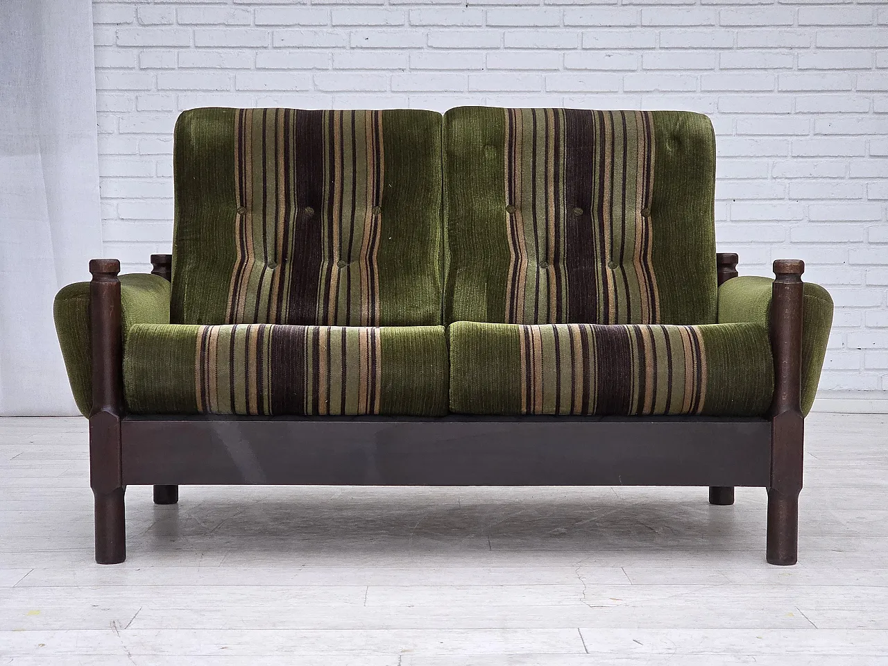 Scandinavian 2-seater sofa, green velour, beech wood, 1970s 1