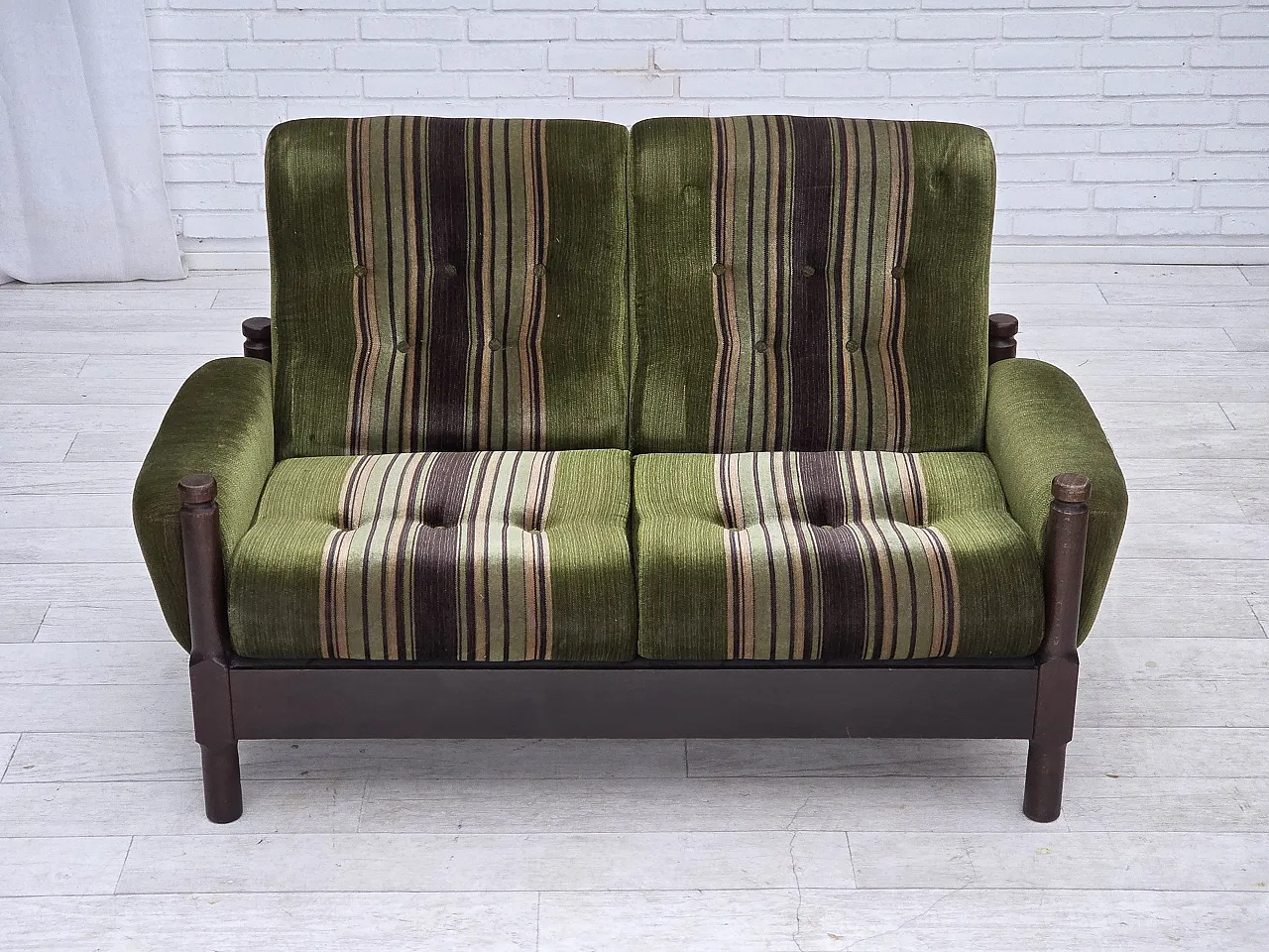 Scandinavian 2-seater sofa, green velour, beech wood, 1970s 2