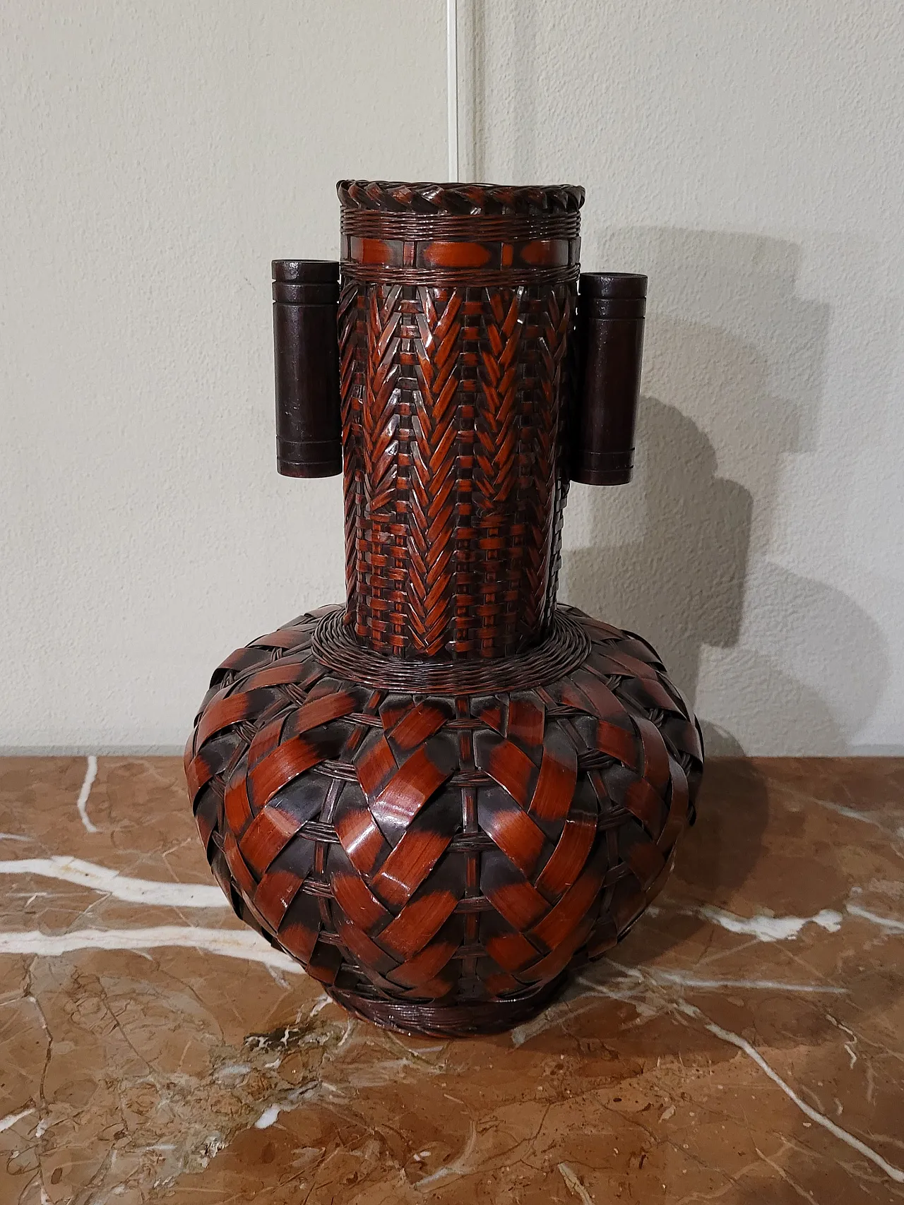 Ikebana vase in woven bamboo on porcelain base, Japan, 20th c. 2