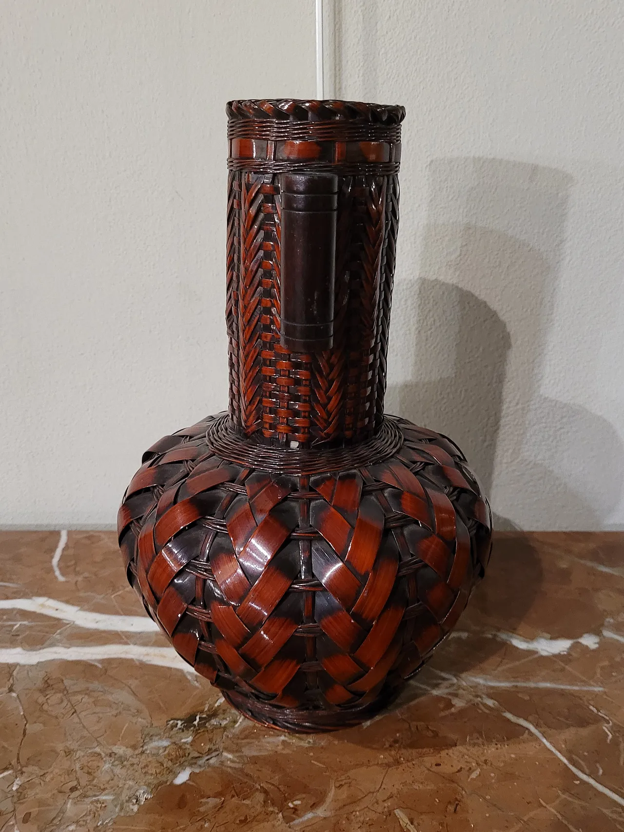 Ikebana vase in woven bamboo on porcelain base, Japan, 20th c. 5