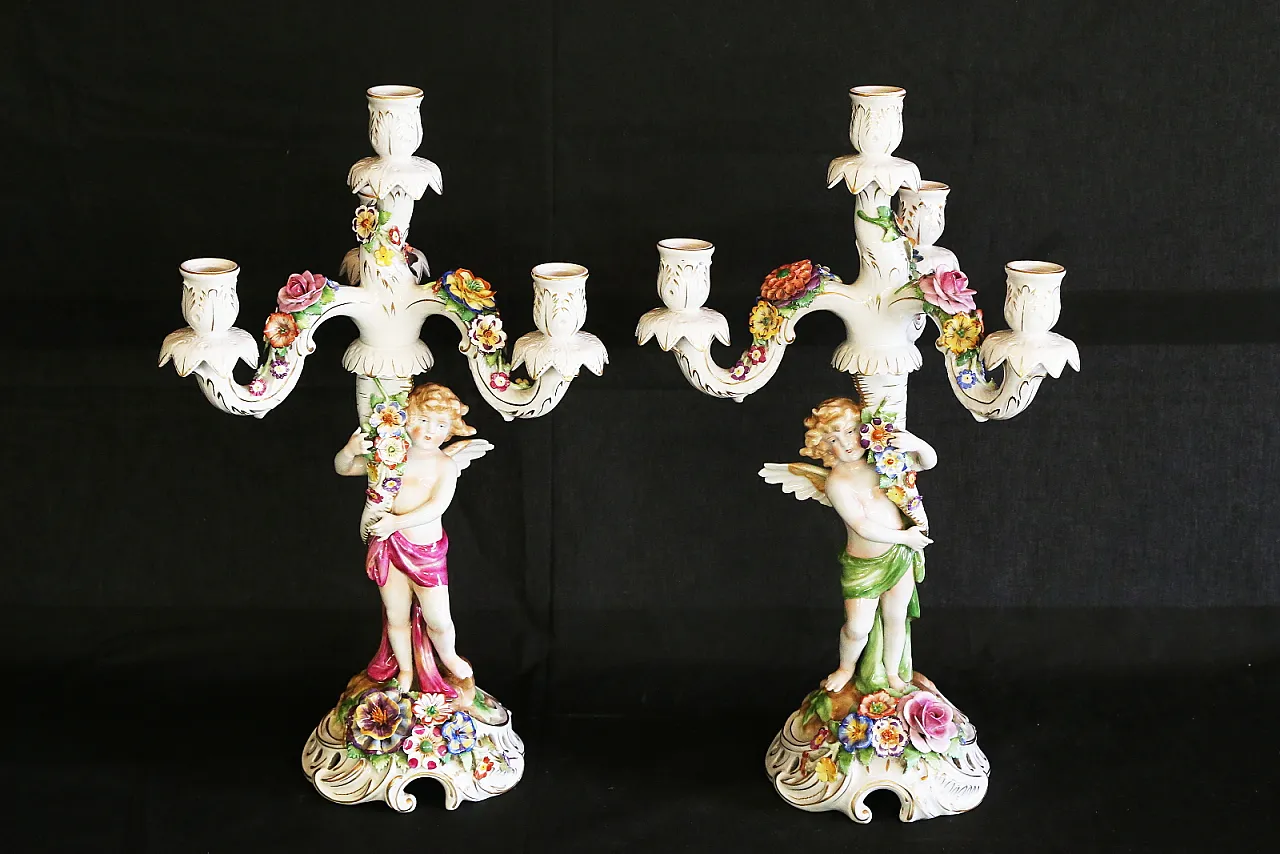 Pair of Capodimonte porcelain cherub candlesticks with 4 angel flames 1