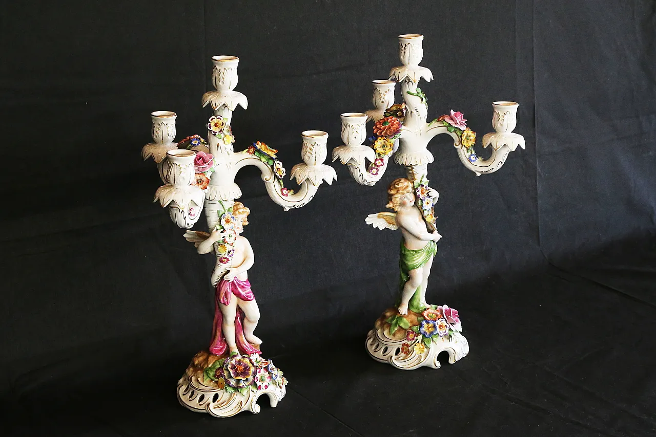 Pair of Capodimonte porcelain cherub candlesticks with 4 angel flames 2