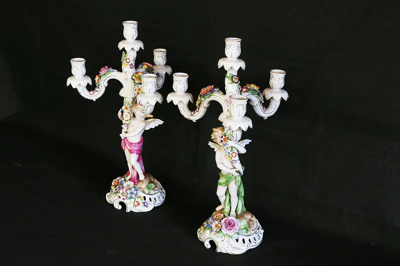Pair of Capodimonte porcelain cherub candlesticks with 4 angel flames 3