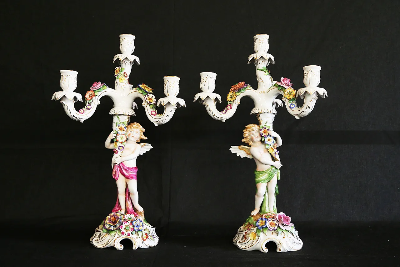 Pair of Capodimonte porcelain cherub candlesticks with 4 angel flames 4