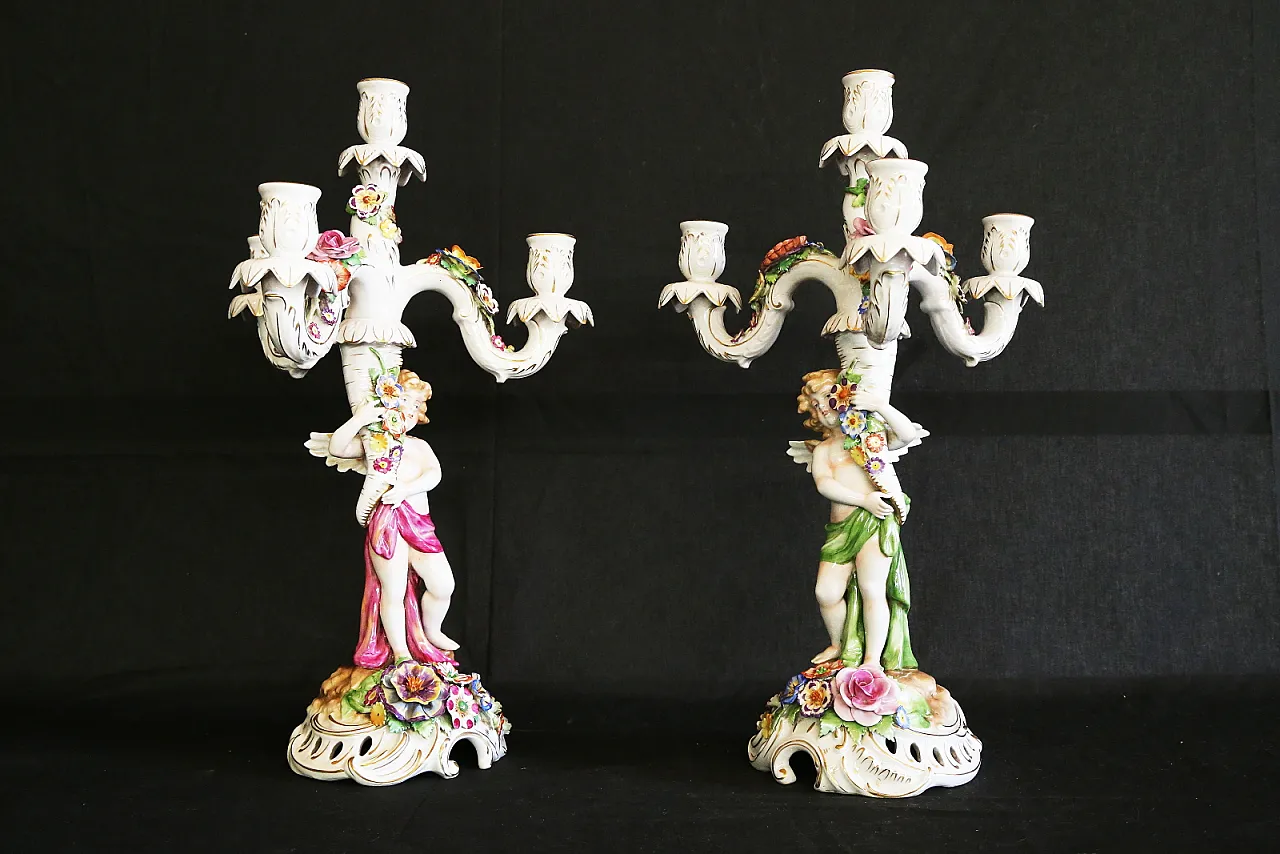 Pair of Capodimonte porcelain cherub candlesticks with 4 angel flames 6