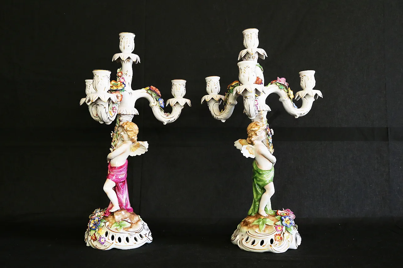 Pair of Capodimonte porcelain cherub candlesticks with 4 angel flames 8