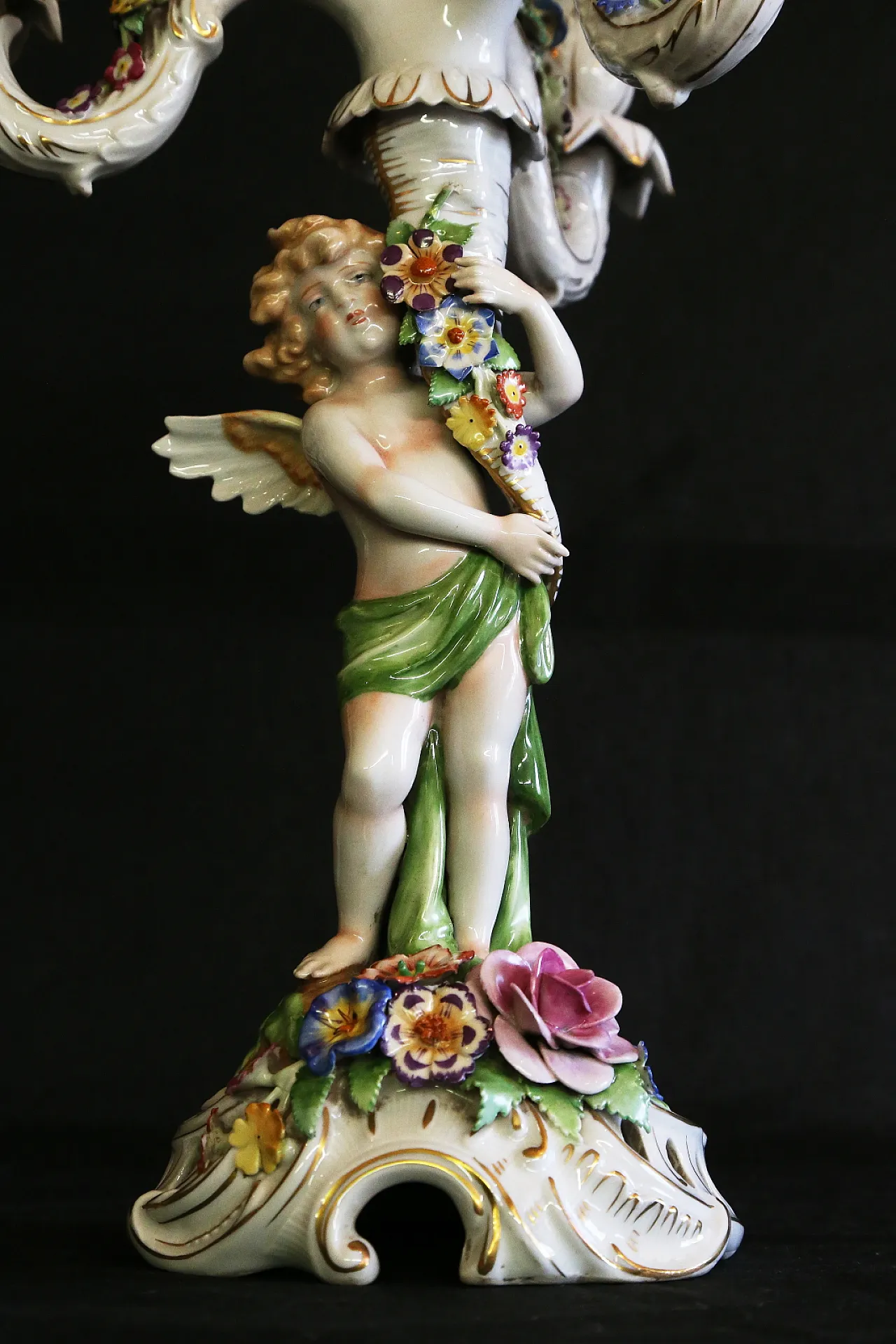 Pair of Capodimonte porcelain cherub candlesticks with 4 angel flames 9