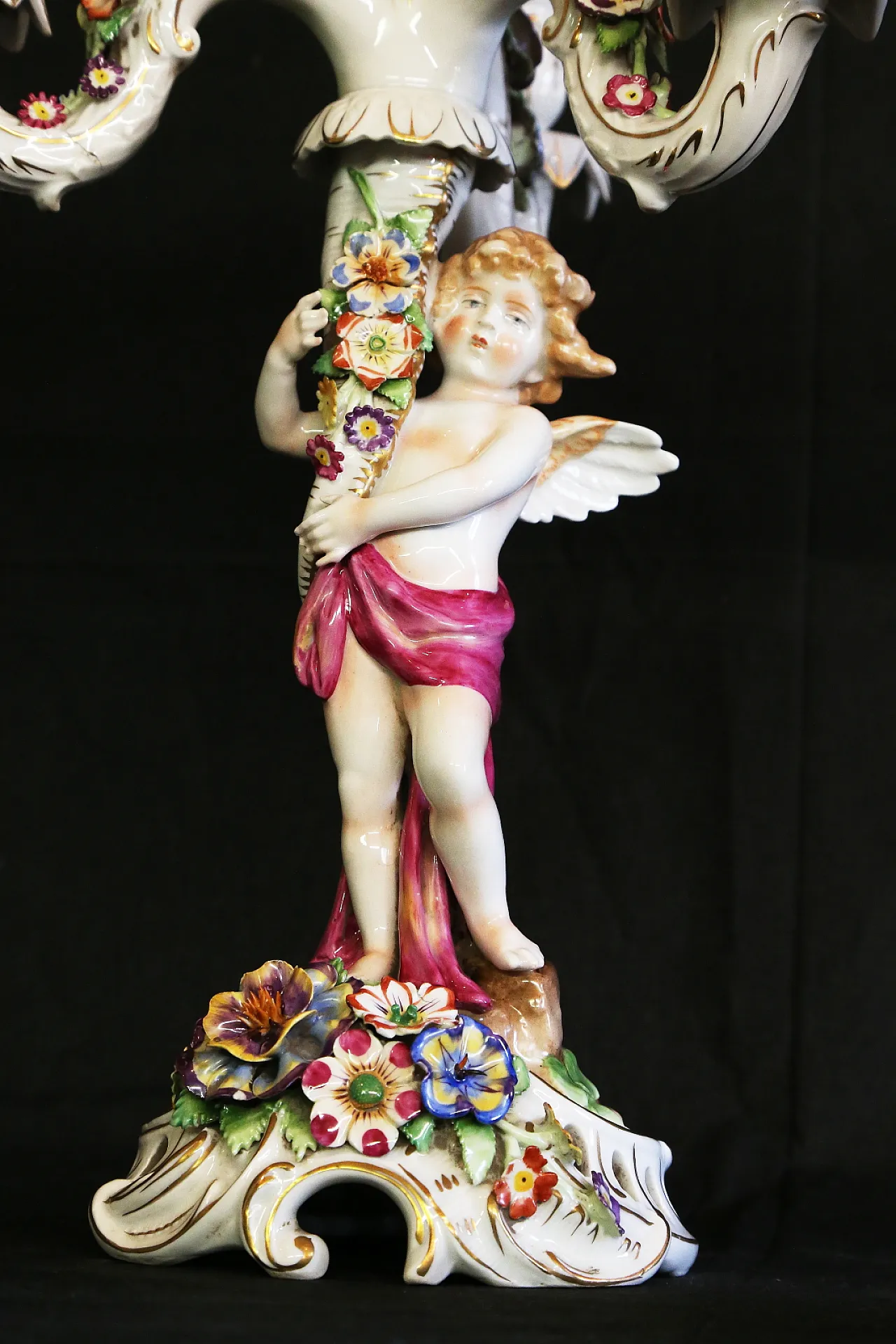 Pair of Capodimonte porcelain cherub candlesticks with 4 angel flames 10