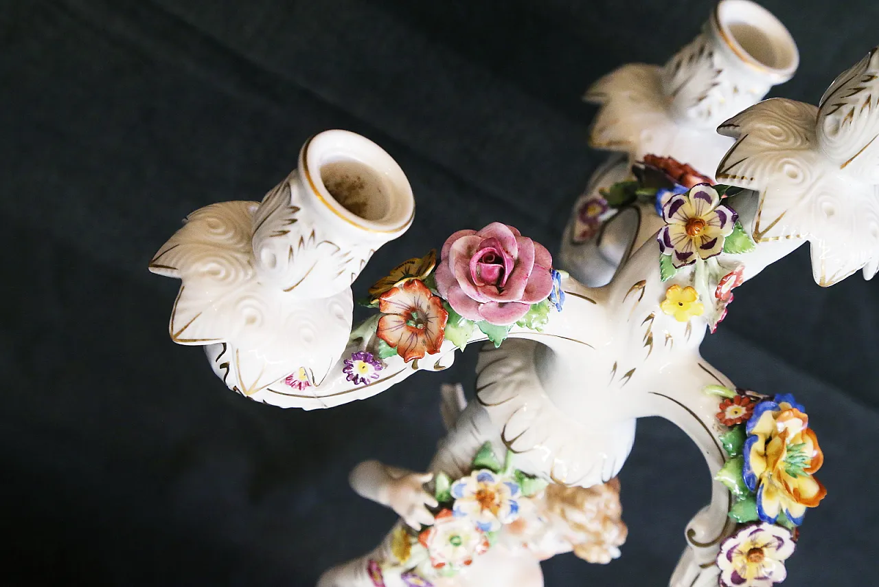 Pair of Capodimonte porcelain cherub candlesticks with 4 angel flames 11