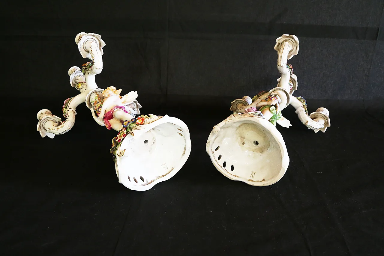 Pair of Capodimonte porcelain cherub candlesticks with 4 angel flames 13