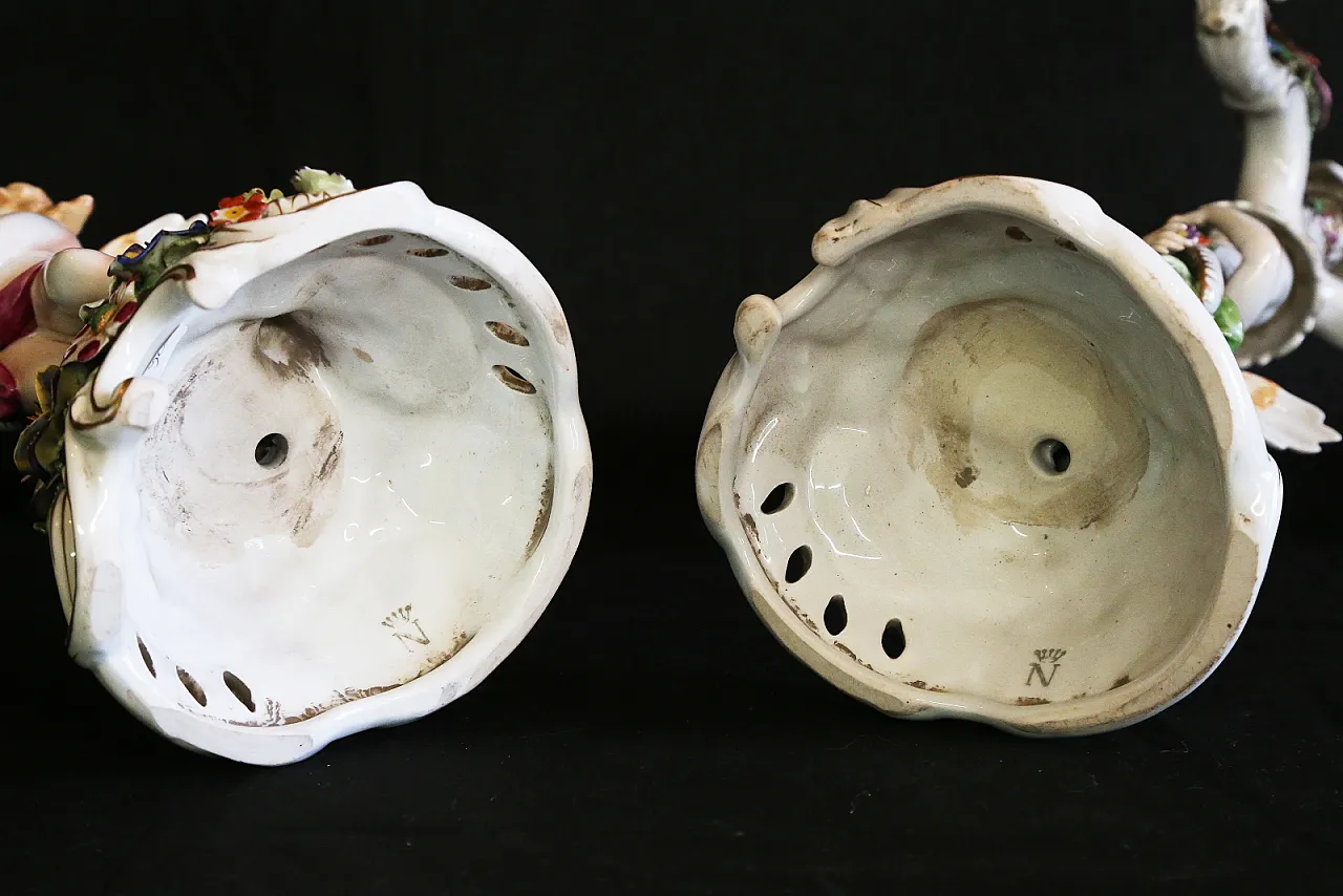 Pair of Capodimonte porcelain cherub candlesticks with 4 angel flames 14