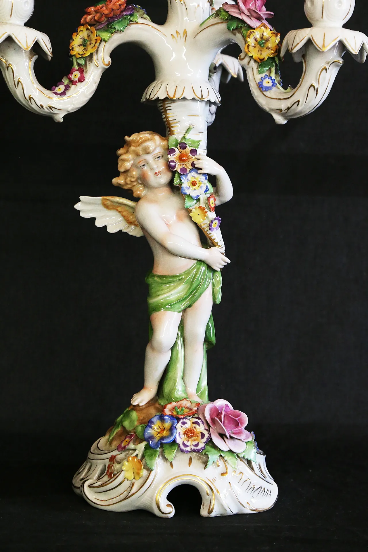 Pair of Capodimonte porcelain cherub candlesticks with 4 angel flames 17