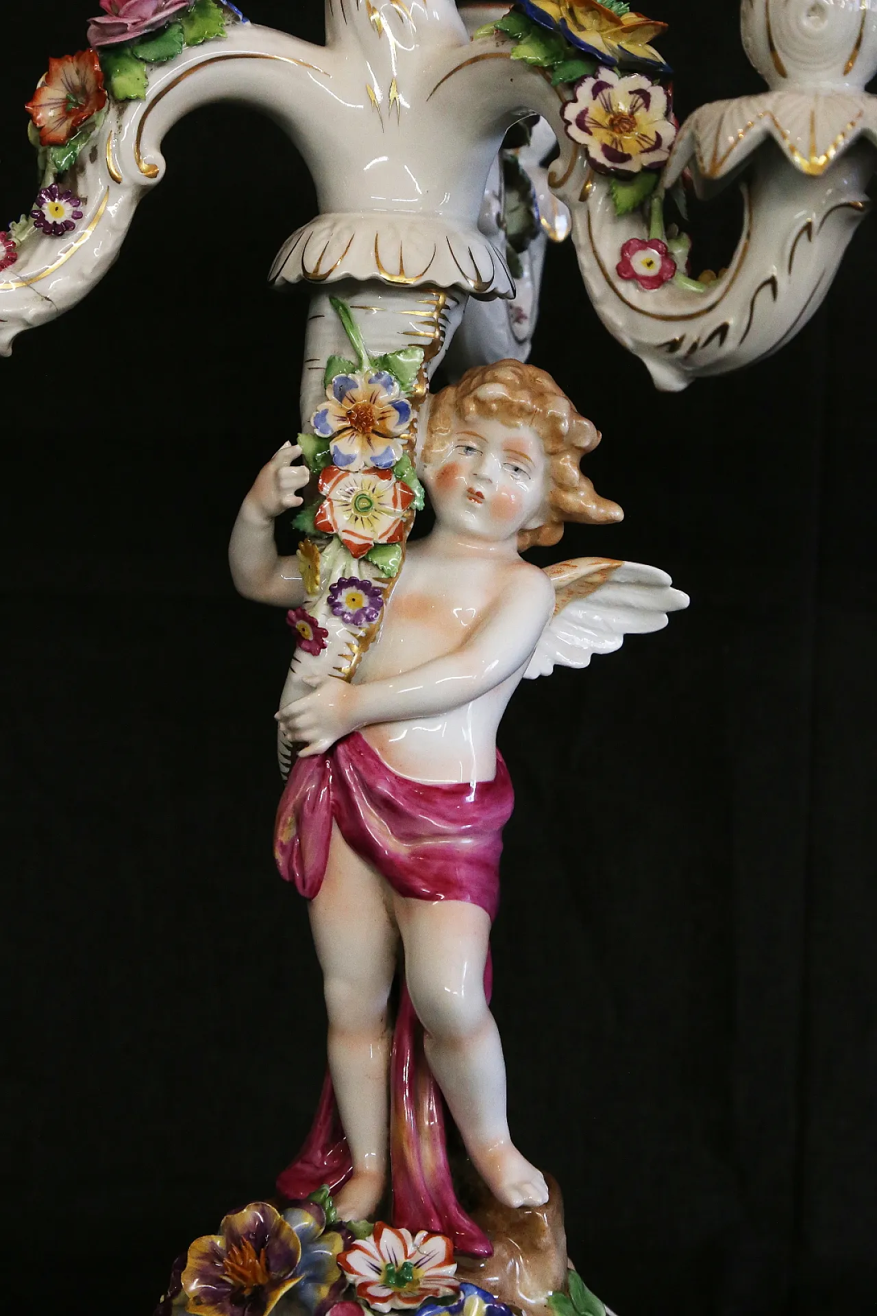 Pair of Capodimonte porcelain cherub candlesticks with 4 angel flames 20