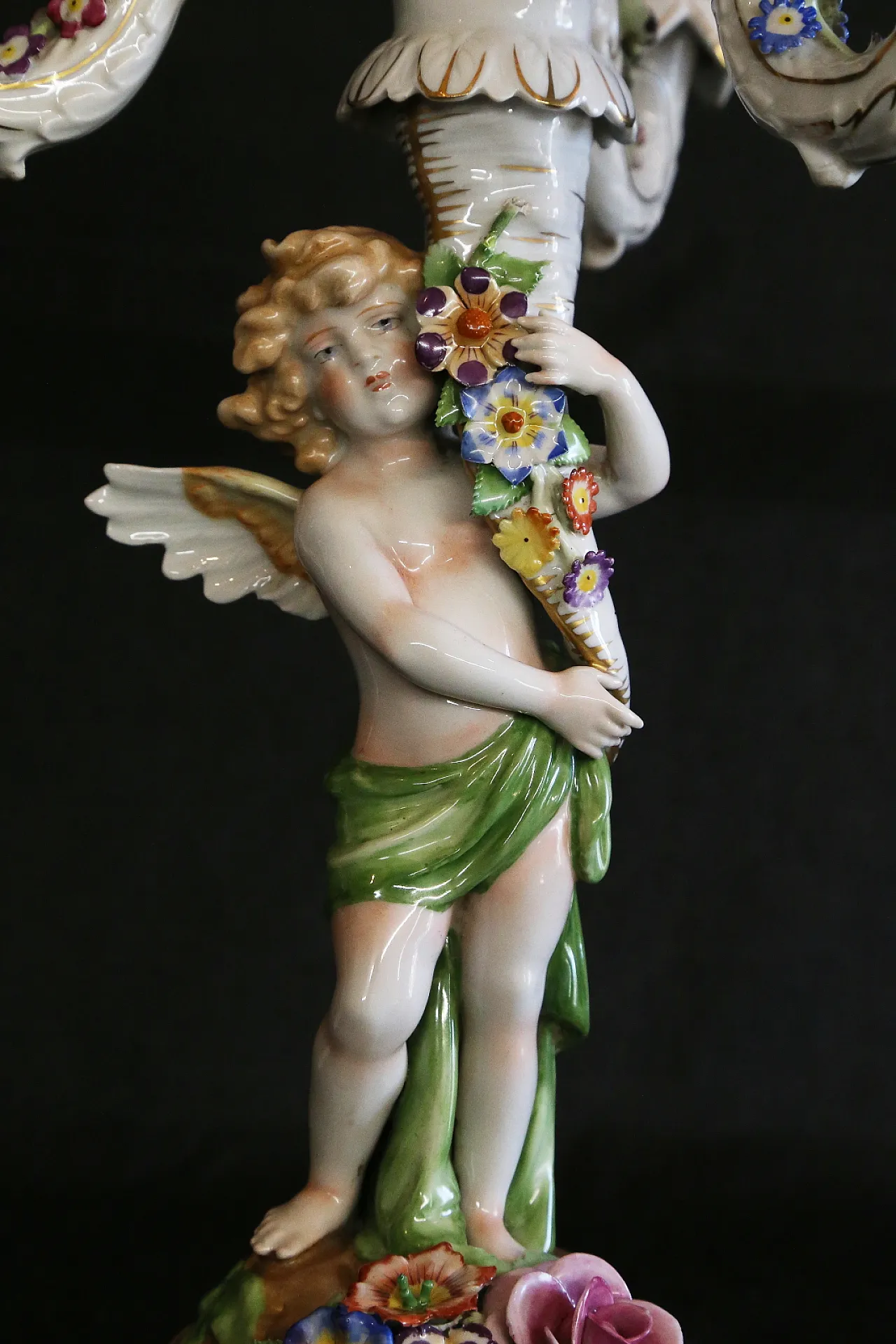 Pair of Capodimonte porcelain cherub candlesticks with 4 angel flames 21