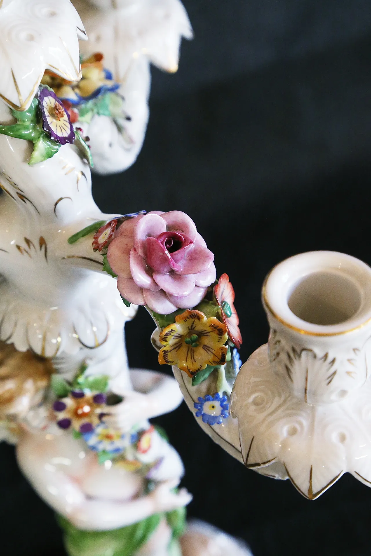 Pair of Capodimonte porcelain cherub candlesticks with 4 angel flames 22