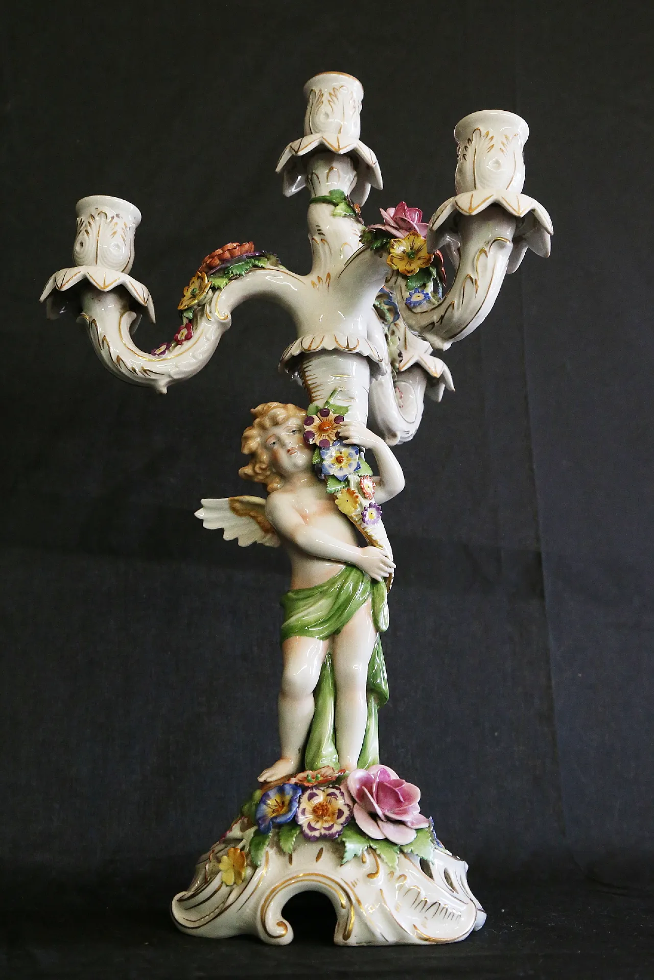 Pair of Capodimonte porcelain cherub candlesticks with 4 angel flames 23