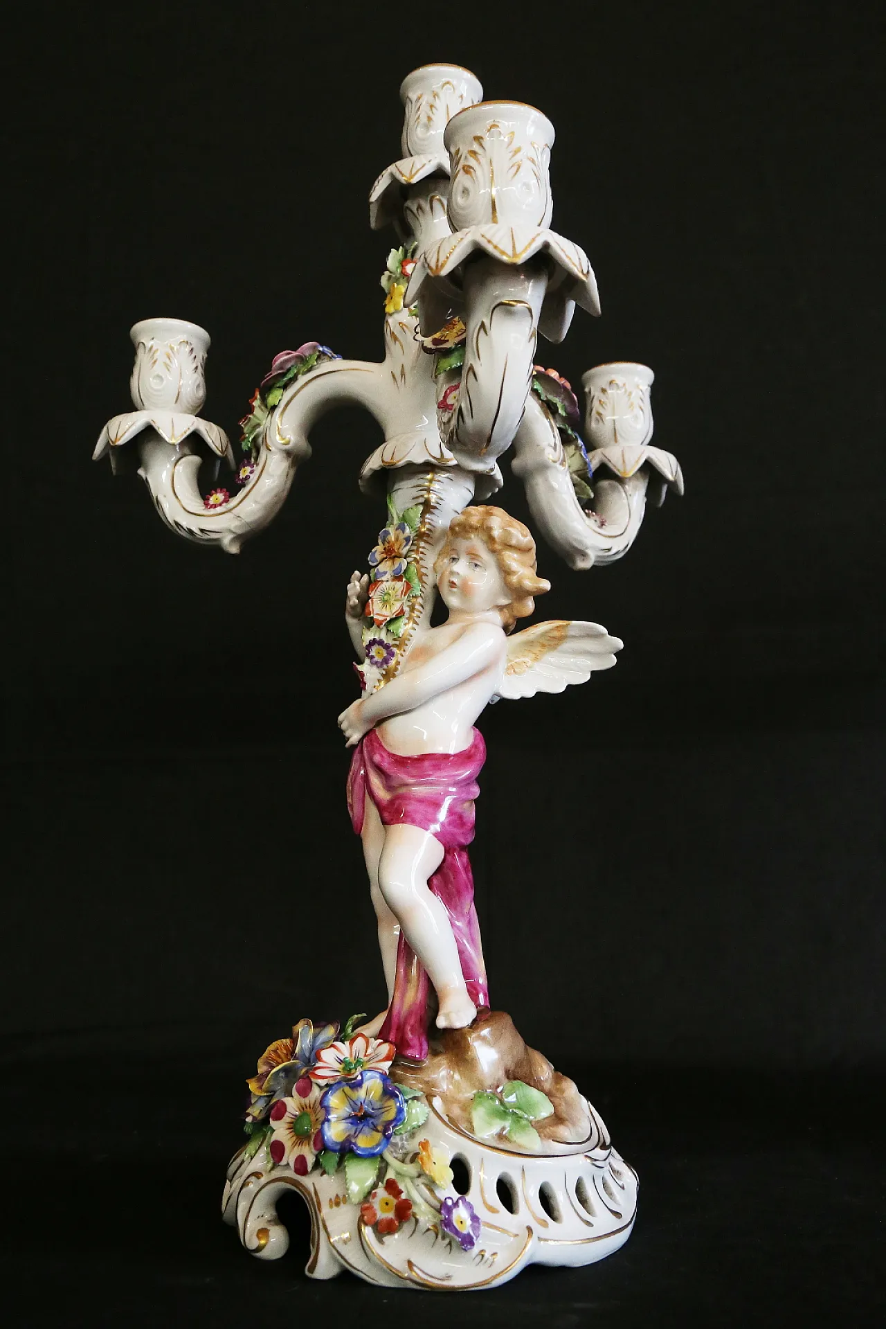 Pair of Capodimonte porcelain cherub candlesticks with 4 angel flames 24