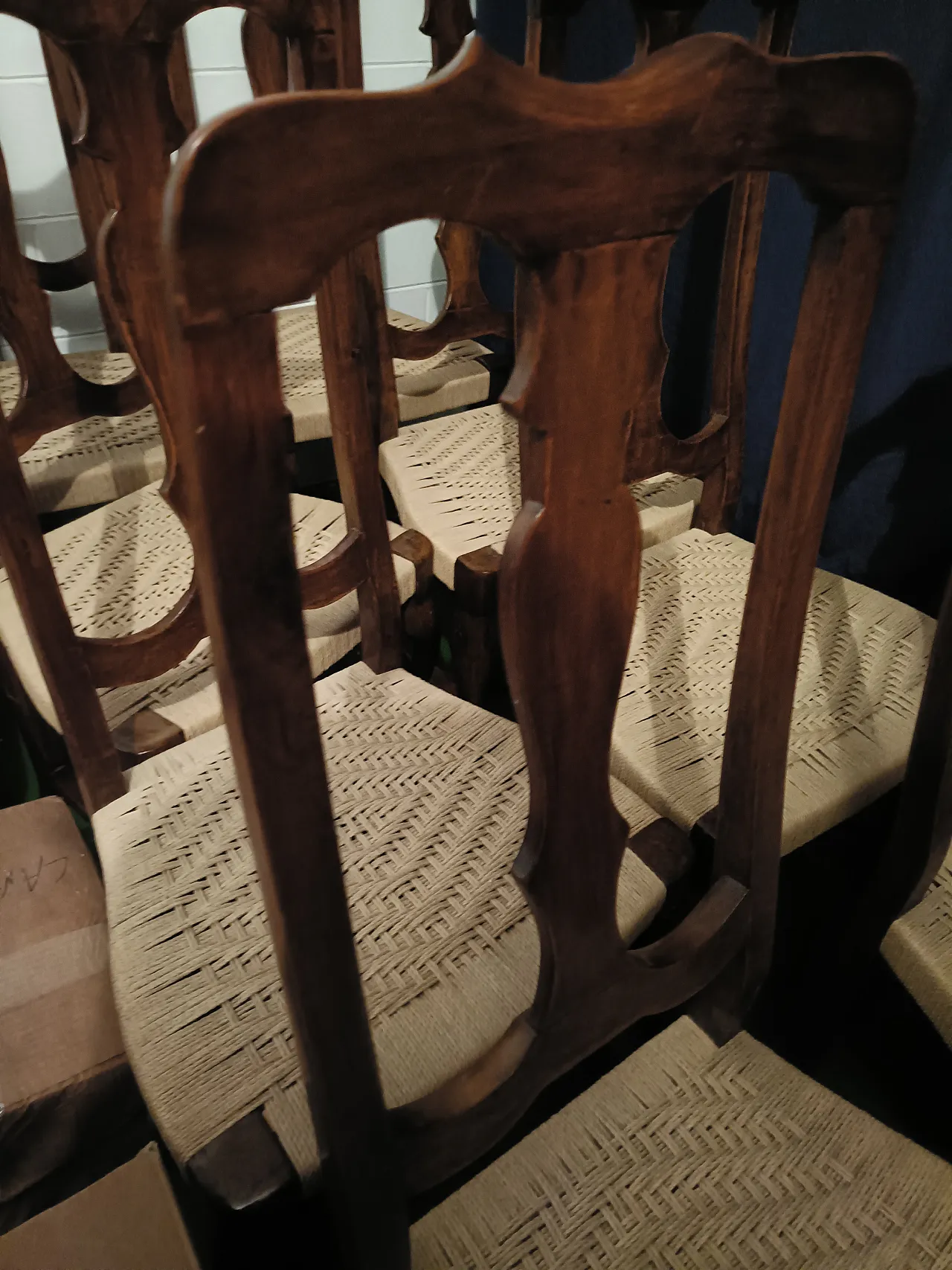 8 Carved Walnut Dining Chair Set with Straw Seats, 50s 3