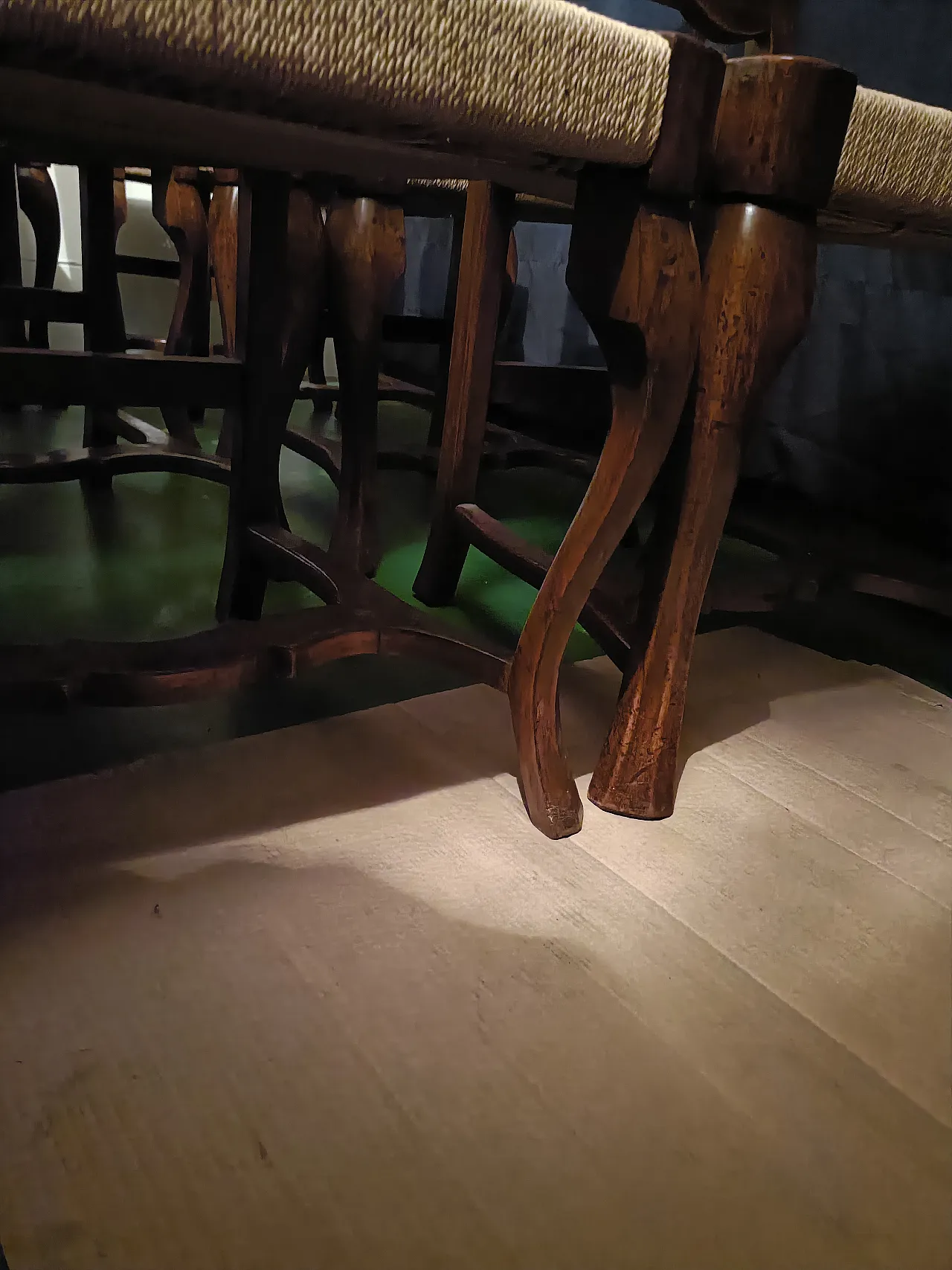 8 Carved Walnut Dining Chair Set with Straw Seats, 50s 4