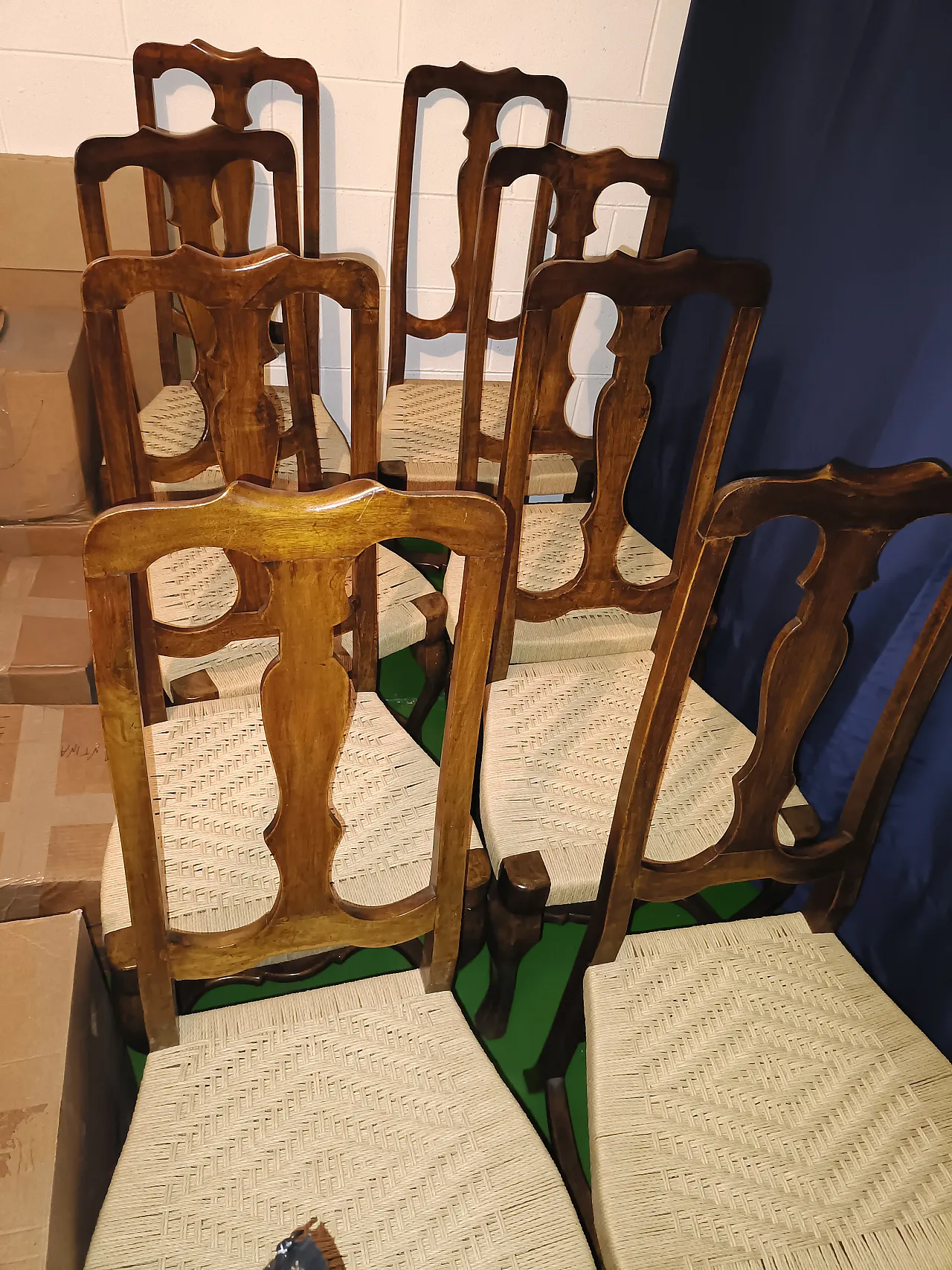 8 Carved Walnut Dining Chair Set with Straw Seats, 50s 5