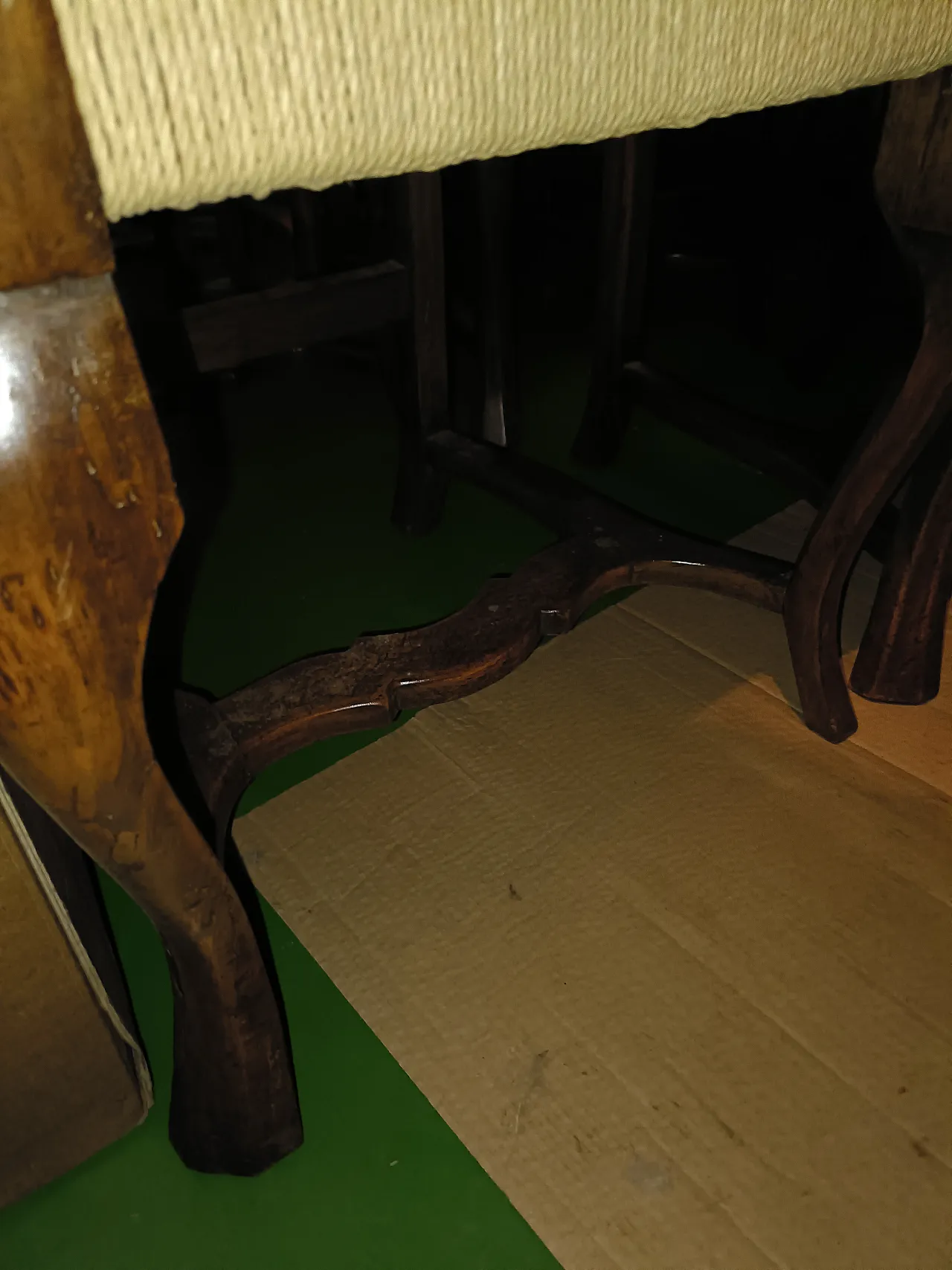 8 Carved Walnut Dining Chair Set with Straw Seats, 50s 6