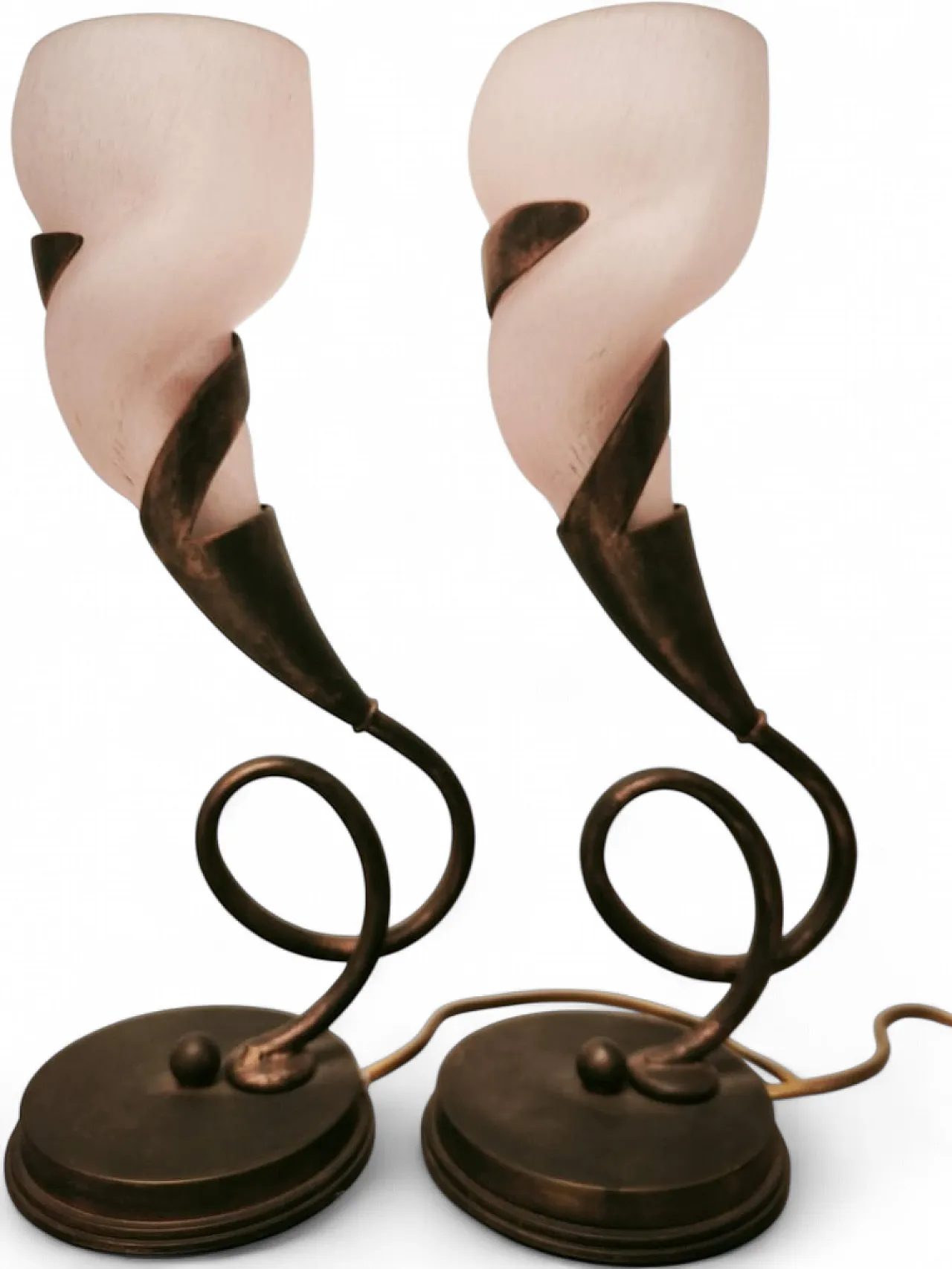 Pair of brass lamps with pink glass shade, 1980s 14