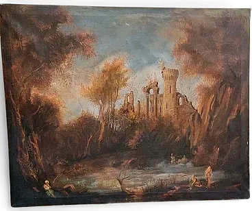 Landscape with ruins and figures, oil on canvas, 19th century