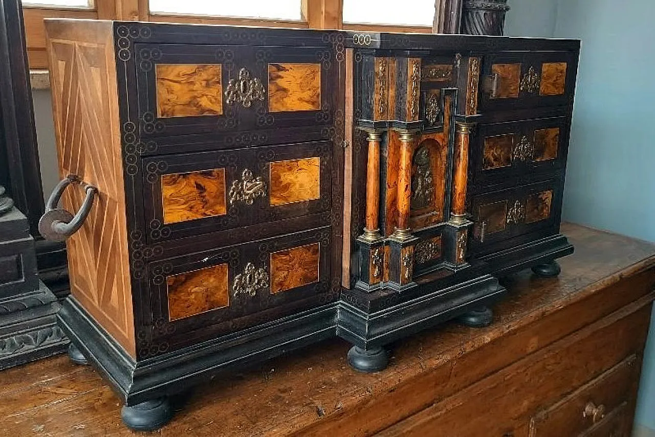 Rosewood and walnut burl cabinet with bronze inlays, 20th century 1