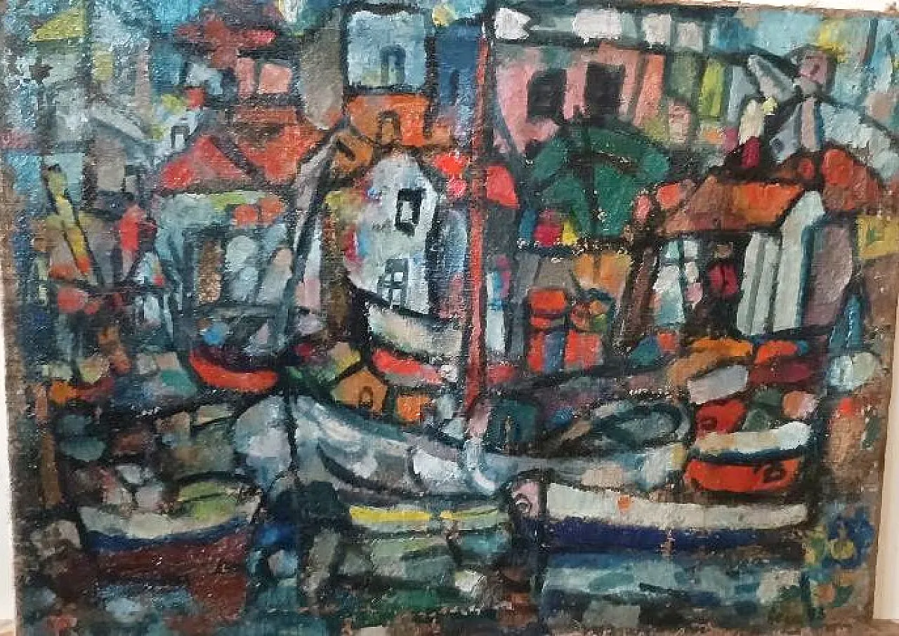 Boats of Syracuse by Ferruccio Ferri, oil on canvas, 1950s 3