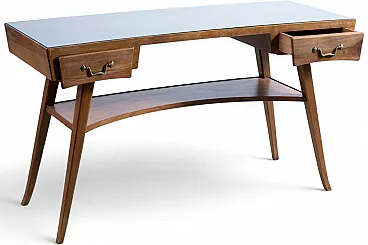Scrivania Mid-Century in noce con ripiano in vetro, anni '50