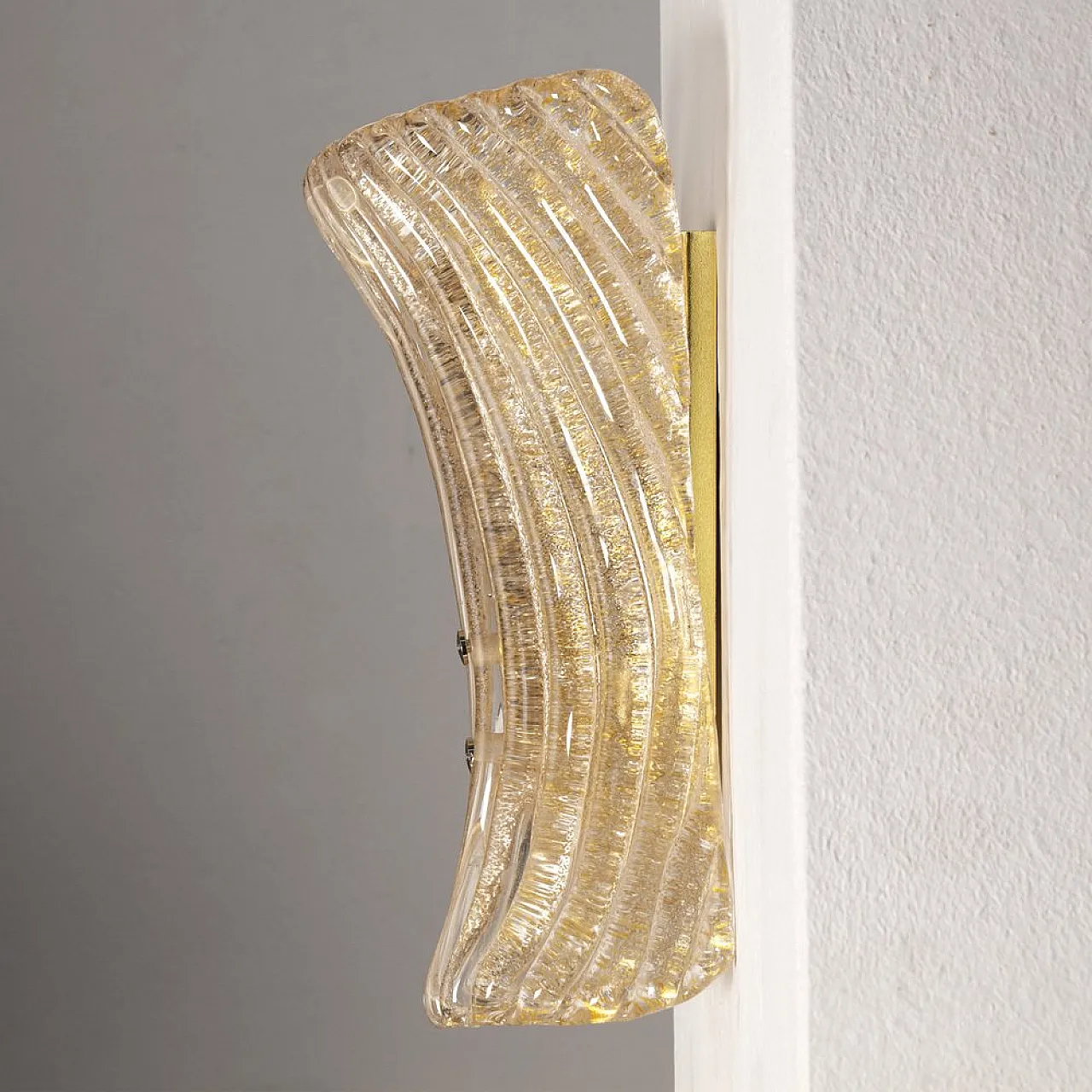 Pair od ribbed Amber and Golden Murano Glass Wall Lamps, 2000s 3