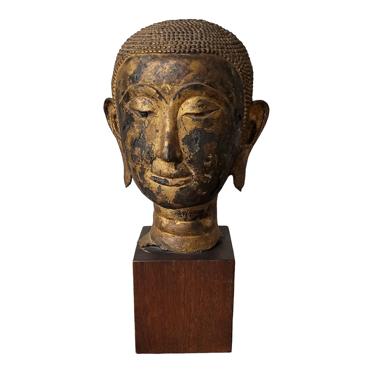 Buddha head gilt bronze sculpture on wooden base, 19th century 1