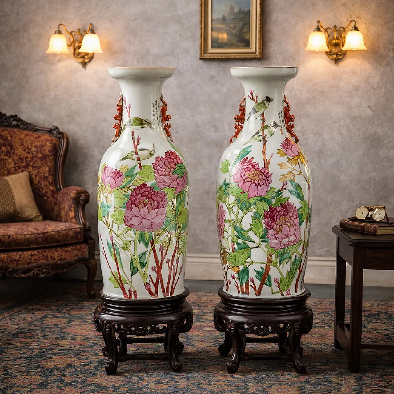 Coppia di vasi a balaustro dipinti con smalti Qianjiang, '900 2