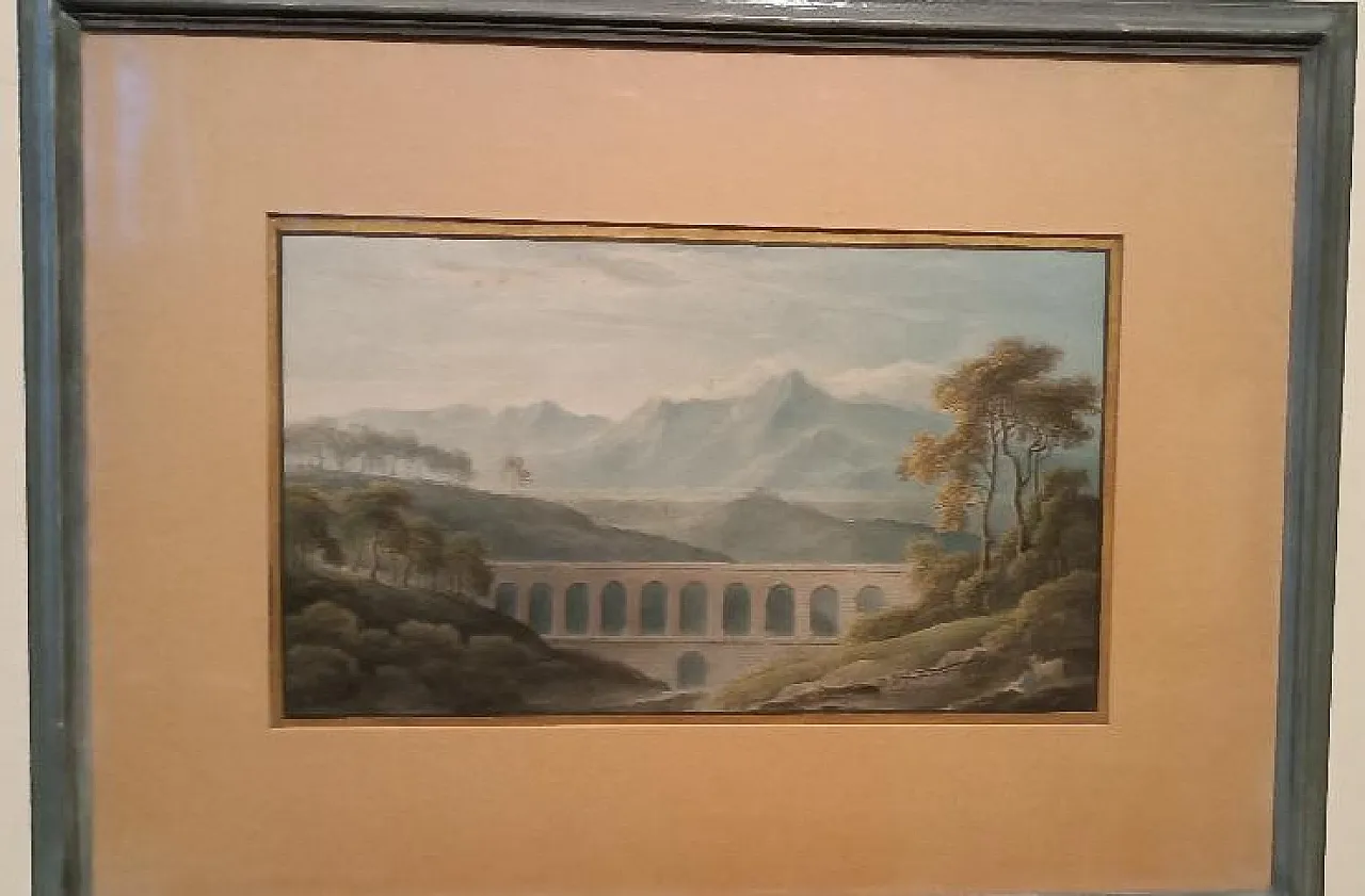 Paesaggio con acquedotto e ponte, acquerello su carta, primo '800 2