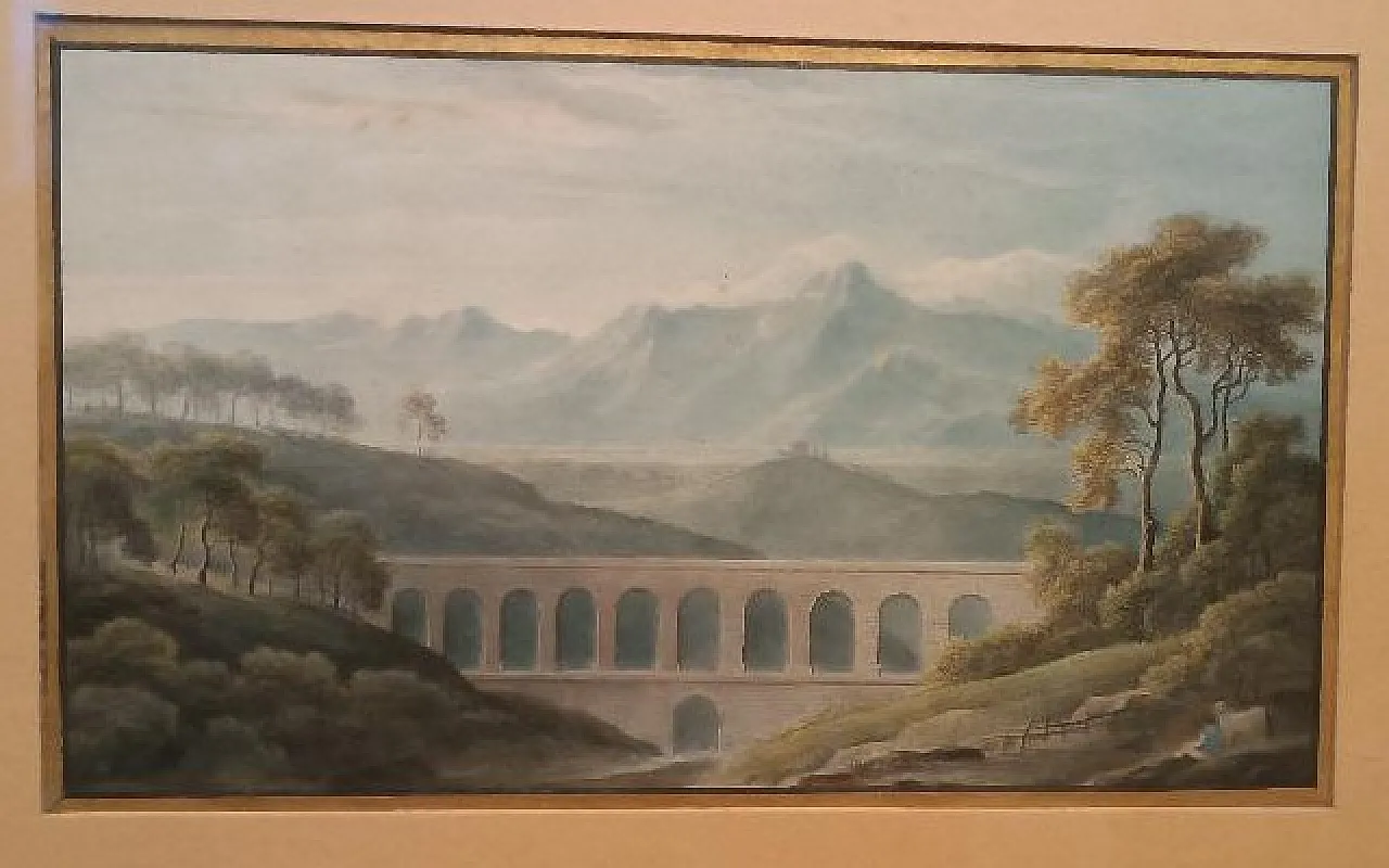 Paesaggio con acquedotto e ponte, acquerello su carta, primo '800 3