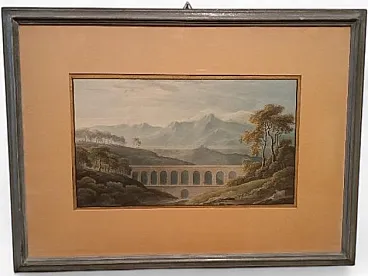 Landscape with aqueduct and bridge, watercolor on paper, 19th century