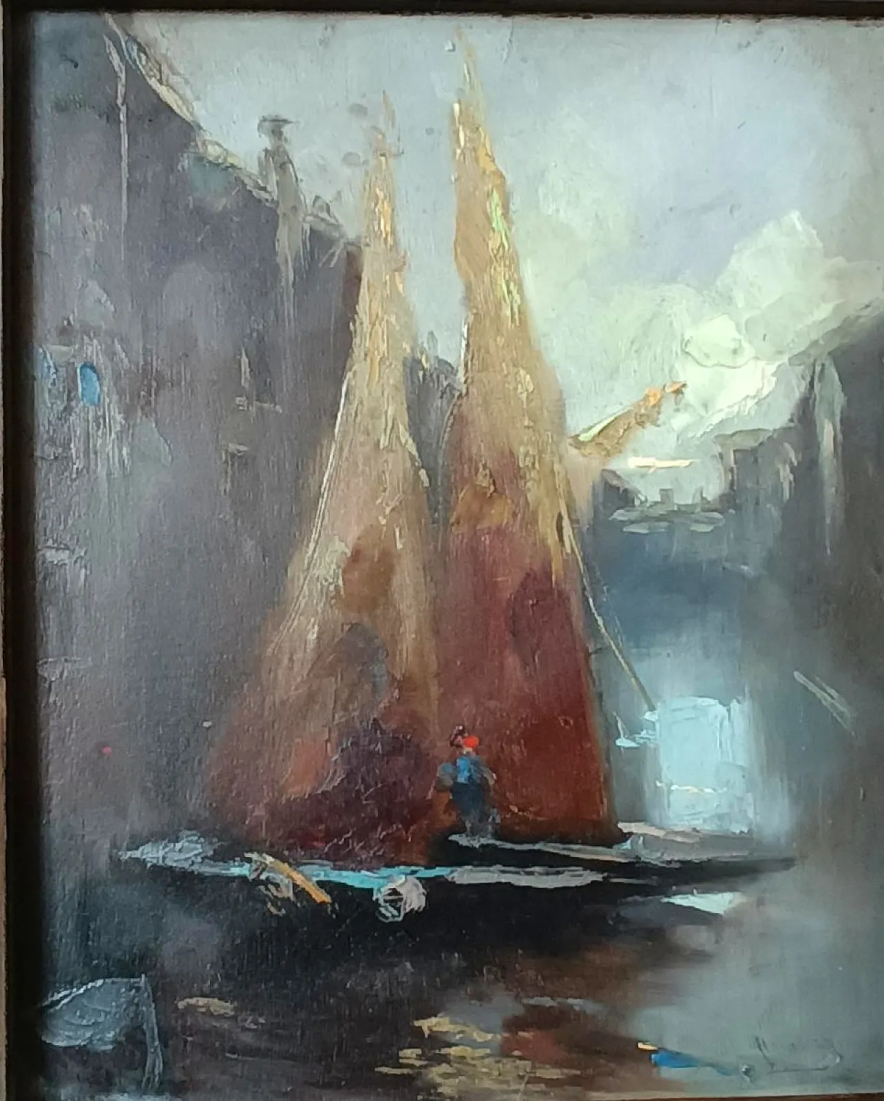 Boats, oil on canvas with frame, late 19th century 6