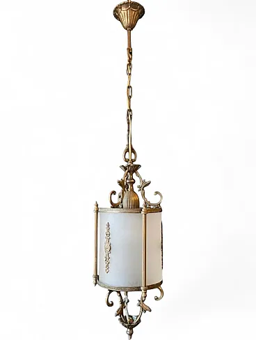 Brass lantern chandelier with bronze elements, 20th cemtury