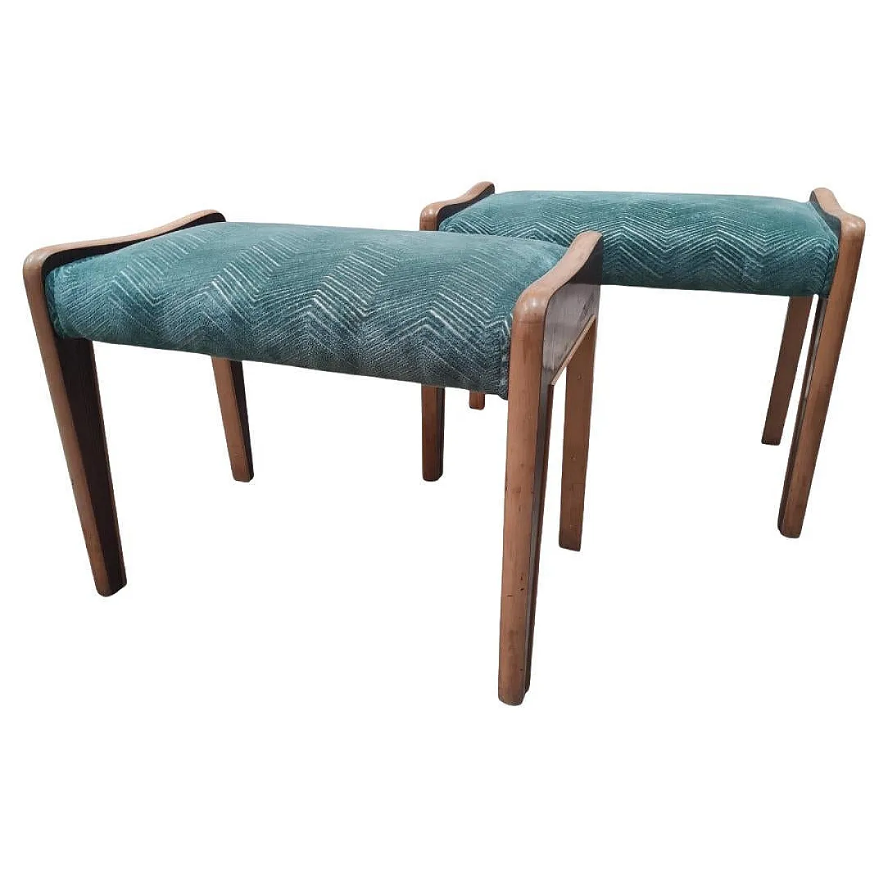 Coppia di panchetti impiallacciati in noce e velluto, anni '50 1