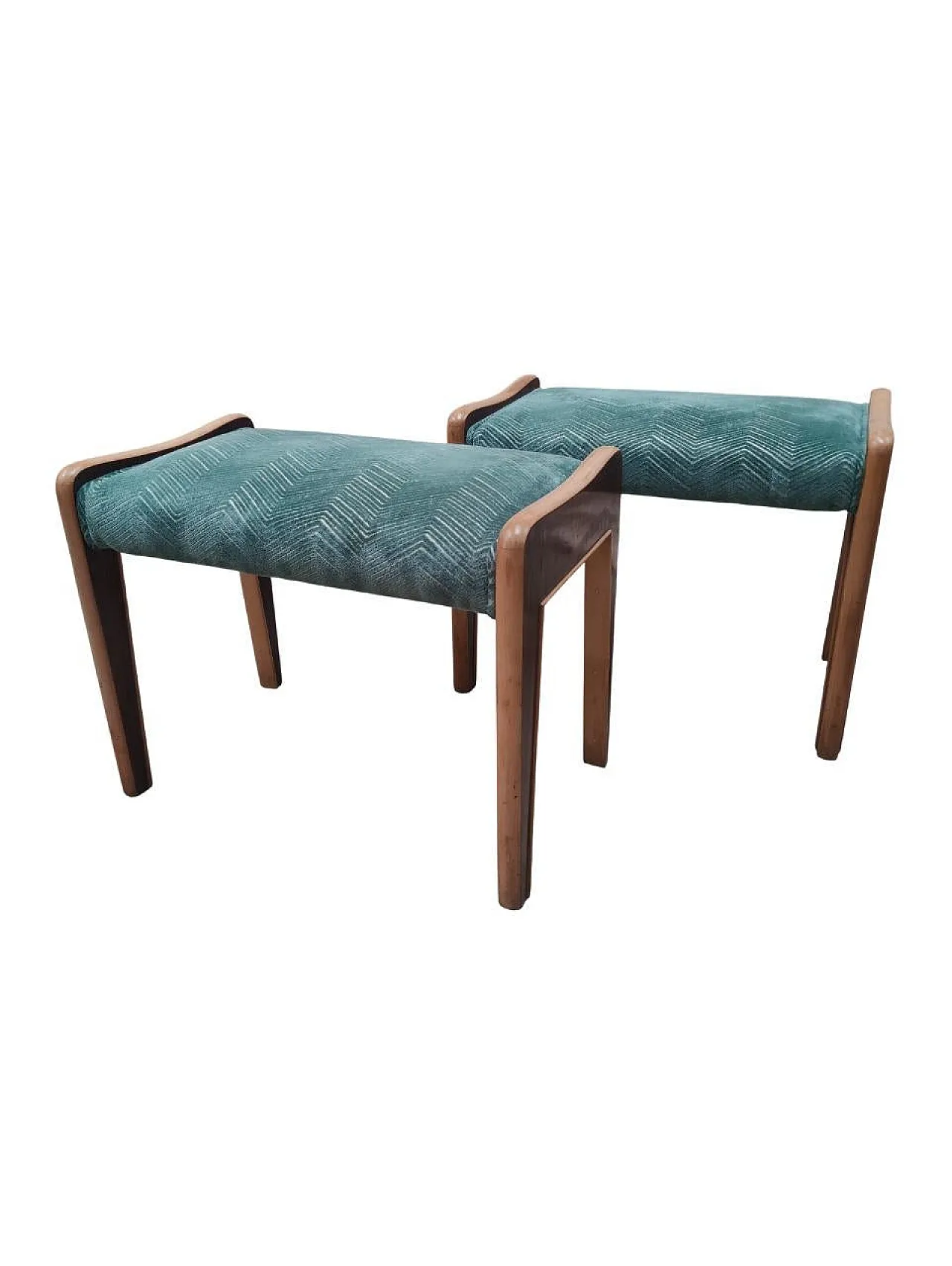 Coppia di panchetti impiallacciati in noce e velluto, anni '50 2