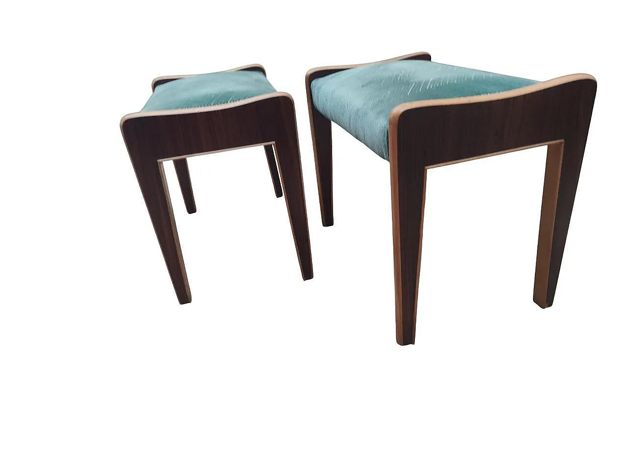 Coppia di panchetti impiallacciati in noce e velluto, anni '50 3