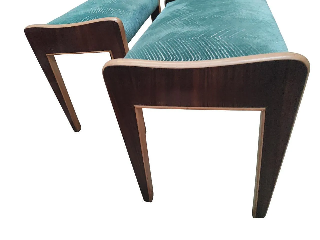 Coppia di panchetti impiallacciati in noce e velluto, anni '50 4