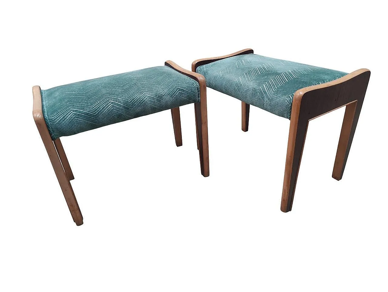 Coppia di panchetti impiallacciati in noce e velluto, anni '50 9