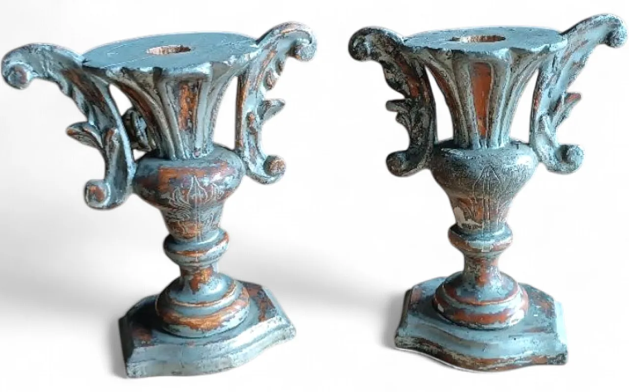 Coppia di candelieri con supporto a palma in legno argentato, '700 7