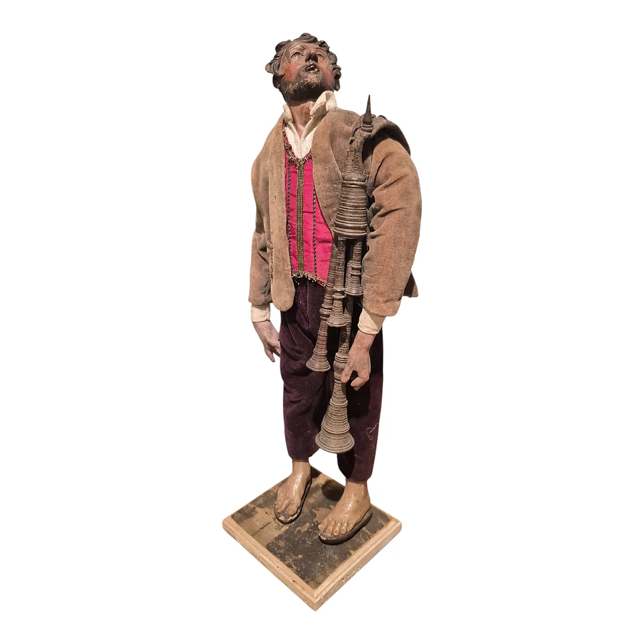 Zampognaro nativity scene statue in terracotta, glass and fabric 1