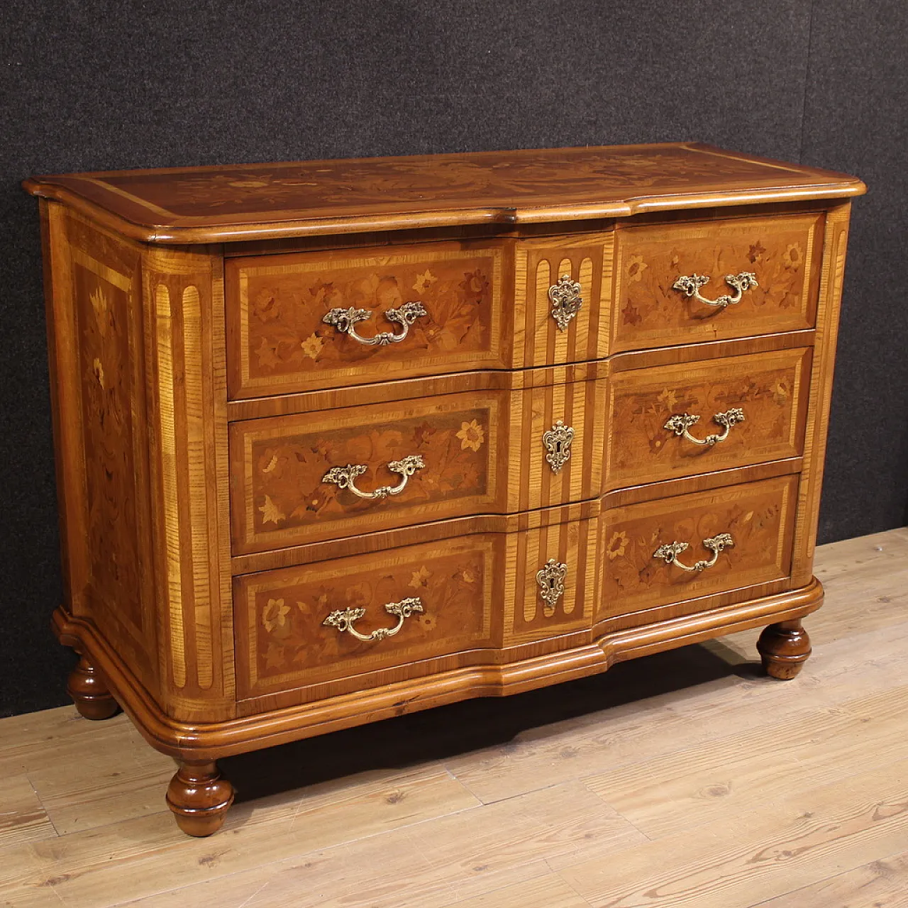 Italian inlaid chest of drawers in exotic woods, 20th century 1