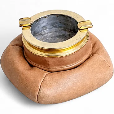 Posacenere imbottito in pelle ottone, anni 70, made in Italy
