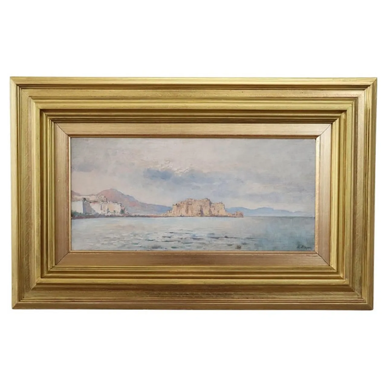 Dipinto olio su tavola Golfo di Napoli, Firma U. Allason, inizi '900 2